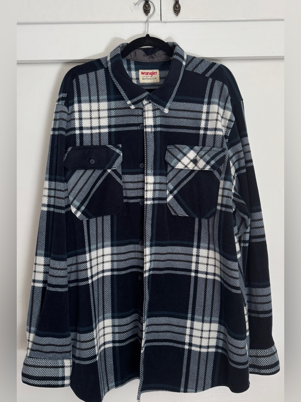 Wrangler Flannel Shirt XXL Blue White Plaid Fleece Button Down Shacket Mens